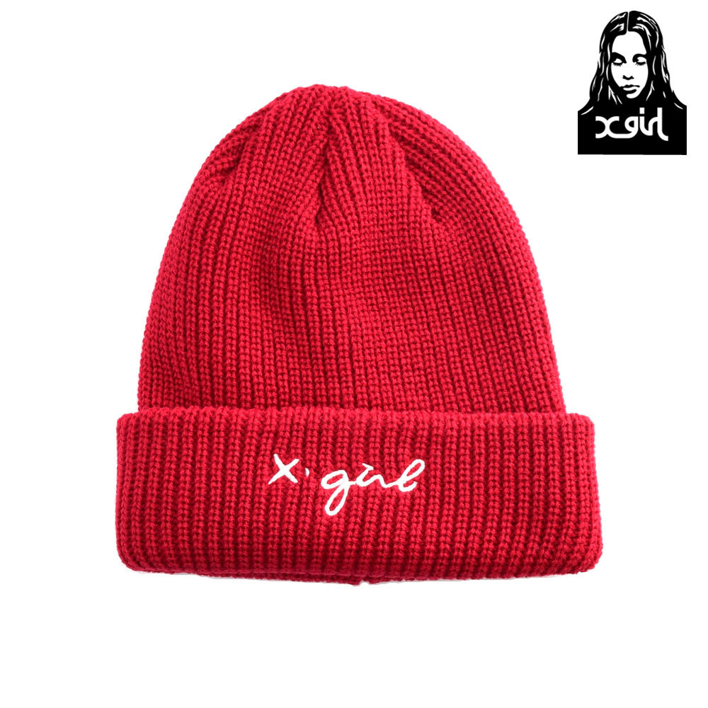 エックス ガール X Girl Cursive Logo Knit Cap Red Lockers